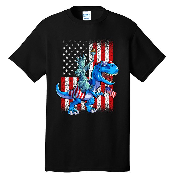 Dino Statue Of Liberty 4th Of July American Flag Tall T-Shirt