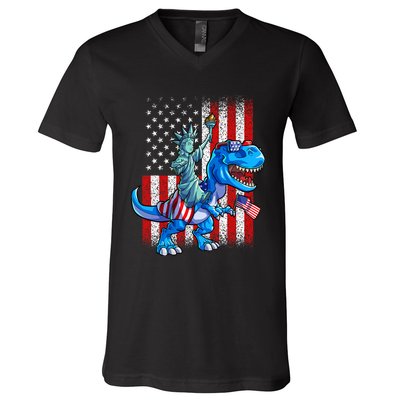 Dino Statue Of Liberty 4th Of July American Flag V-Neck T-Shirt