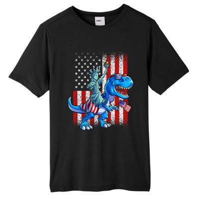 Dino Statue Of Liberty 4th Of July American Flag Tall Fusion ChromaSoft Performance T-Shirt