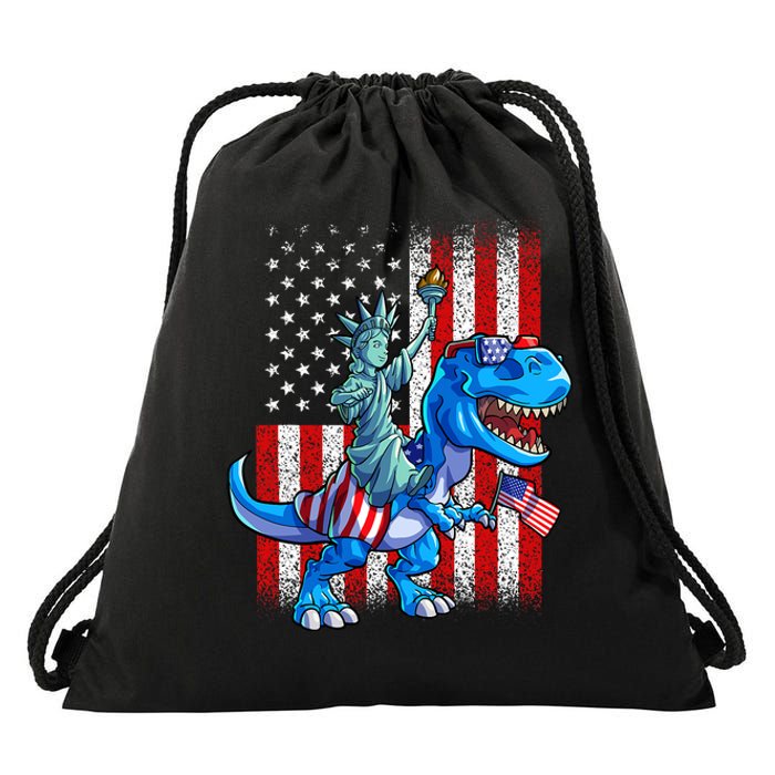 Dino Statue Of Liberty 4th Of July American Flag Drawstring Bag