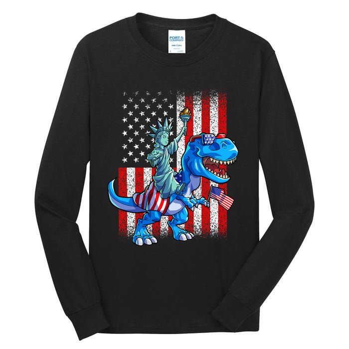 Dino Statue Of Liberty 4th Of July American Flag Tall Long Sleeve T-Shirt