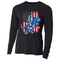 Dino Statue Of Liberty 4th Of July American Flag Cooling Performance Long Sleeve Crew