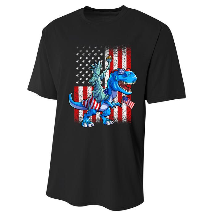 Dino Statue Of Liberty 4th Of July American Flag Performance Sprint T-Shirt