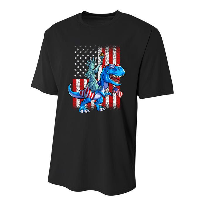 Dino Statue Of Liberty 4th Of July American Flag Youth Performance Sprint T-Shirt