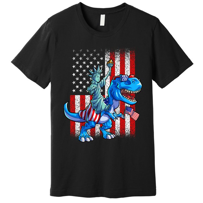 Dino Statue Of Liberty 4th Of July American Flag Premium T-Shirt