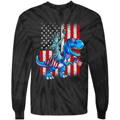 Dino Statue Of Liberty 4th Of July American Flag Tie-Dye Long Sleeve Shirt