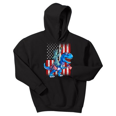 Dino Statue Of Liberty 4th Of July American Flag Kids Hoodie