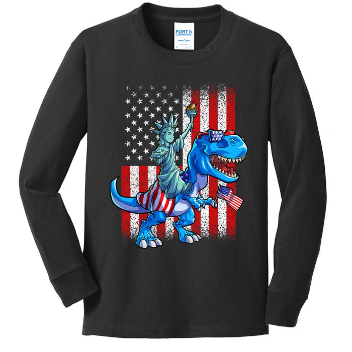 Dino Statue Of Liberty 4th Of July American Flag Kids Long Sleeve Shirt