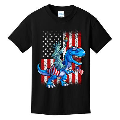 Dino Statue Of Liberty 4th Of July American Flag Kids T-Shirt