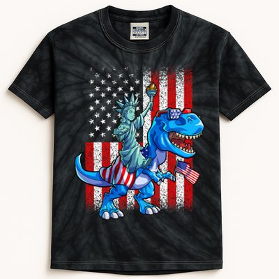 Dino Statue Of Liberty 4th Of July American Flag Kids Tie-Dye T-Shirt