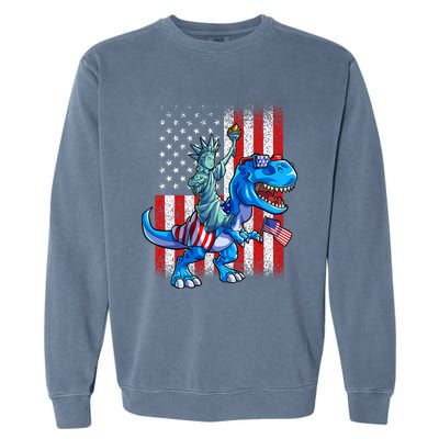 Dino Statue Of Liberty 4th Of July American Flag Garment-Dyed Sweatshirt