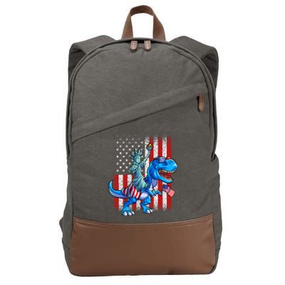 Dino Statue Of Liberty 4th Of July American Flag Cotton Canvas Backpack