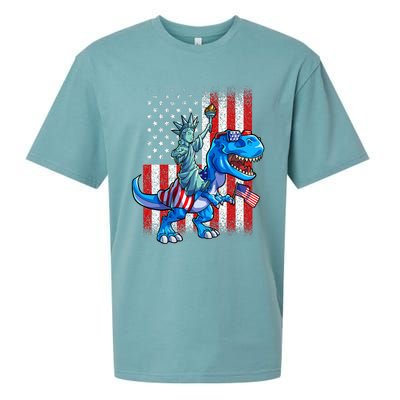 Dino Statue Of Liberty 4th Of July American Flag Sueded Cloud Jersey T-Shirt