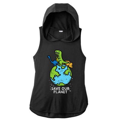 Dinosaurs Save Our Planet Cute Earth Day Cute Ladies PosiCharge Tri-Blend Wicking Draft Hoodie Tank