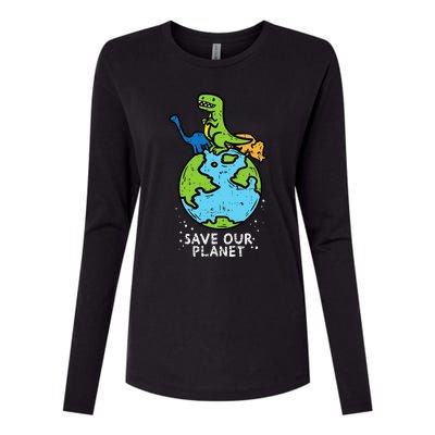 Dinosaurs Save Our Planet Cute Earth Day Cute Womens Cotton Relaxed Long Sleeve T-Shirt