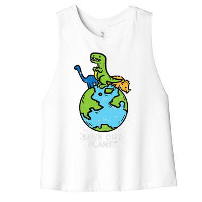 Dinosaurs Save Our Planet Cute Earth Day Cute Women's Racerback Cropped Tank