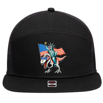 Dino Statue Of Liberty 4th Of July American Flag 7 Panel Mesh Trucker Snapback Hat