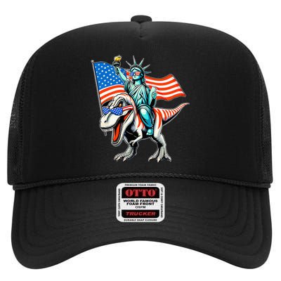 Dino Statue Of Liberty 4th Of July American Flag High Crown Mesh Back Trucker Hat