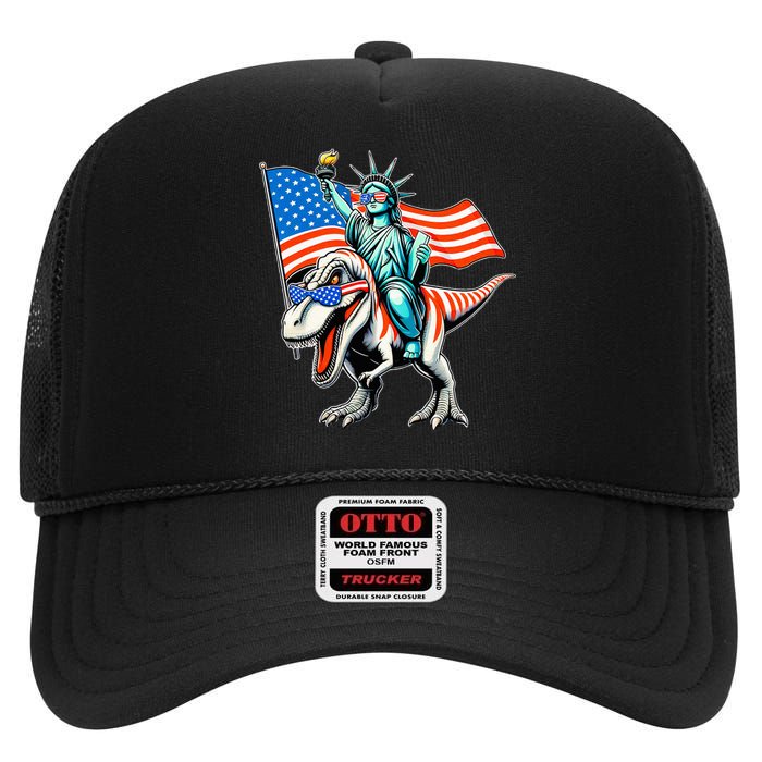 Dino Statue Of Liberty 4th Of July American Flag High Crown Mesh Back Trucker Hat