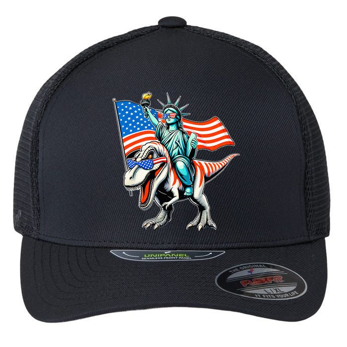 Dino Statue Of Liberty 4th Of July American Flag Flexfit Unipanel Trucker Cap