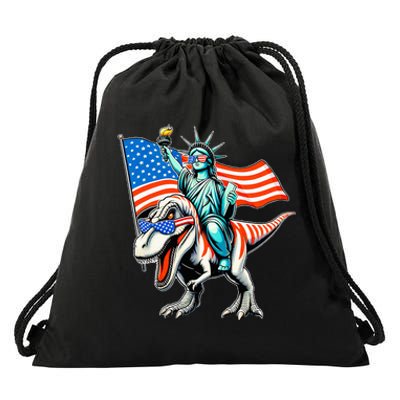 Dino Statue Of Liberty 4th Of July American Flag Drawstring Bag