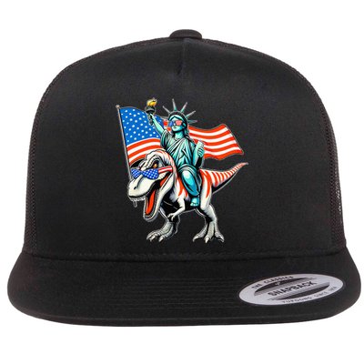 Dino Statue Of Liberty 4th Of July American Flag Flat Bill Trucker Hat