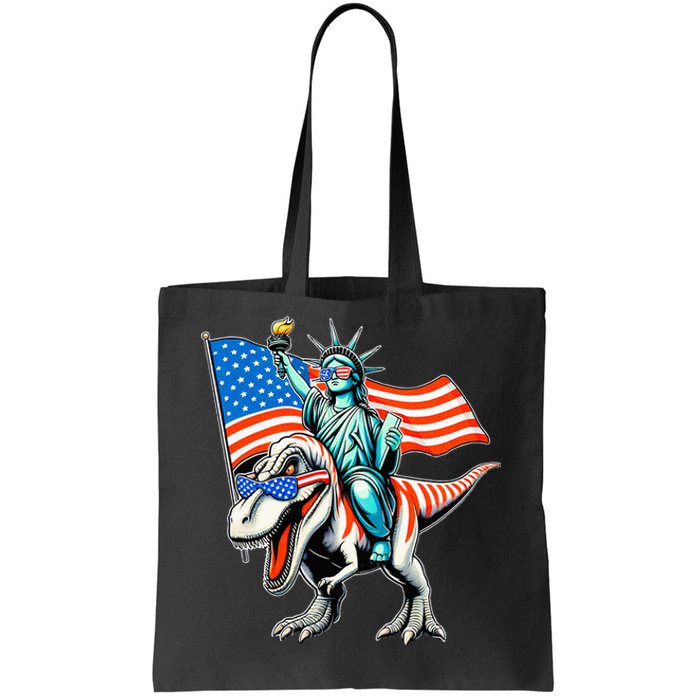 Dino Statue Of Liberty 4th Of July American Flag Tote Bag