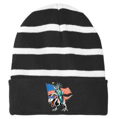 Dino Statue Of Liberty 4th Of July American Flag Striped Beanie with Solid Band