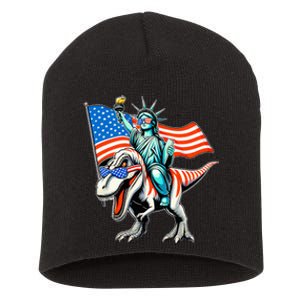 Dino Statue Of Liberty 4th Of July American Flag Short Acrylic Beanie