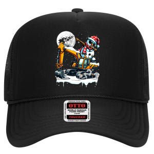 Dabbing Snowman On Excavator Truck Christmas Driver Lover High Crown Mesh Back Trucker Hat