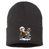 Dabbing Snowman On Excavator Truck Christmas Driver Lover Sustainable Knit Beanie