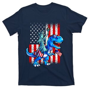 Dino Statue Of Liberty 4th Of July Boy American Flag T-Shirt