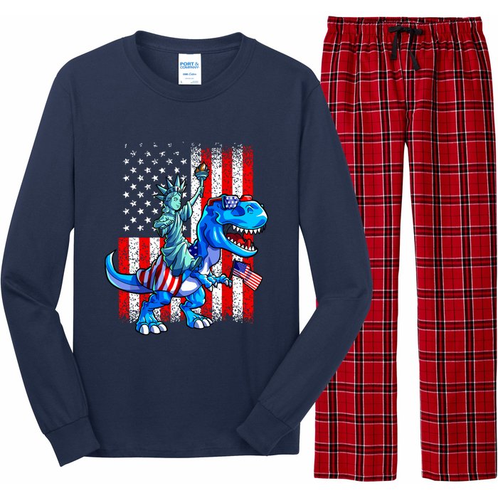 Dino Statue Of Liberty 4th Of July Boy American Flag Long Sleeve Pajama Set