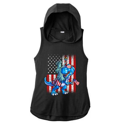 Dino Statue Of Liberty 4th Of July American Flag Ladies PosiCharge Tri-Blend Wicking Draft Hoodie Tank