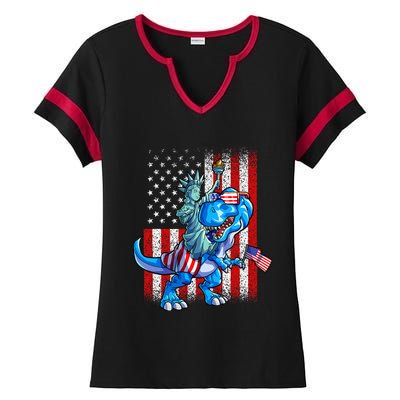 Dino Statue Of Liberty 4th Of July American Flag Ladies Halftime Notch Neck Tee