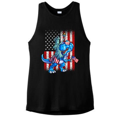 Dino Statue Of Liberty 4th Of July American Flag Ladies PosiCharge Tri-Blend Wicking Tank