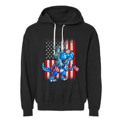 Dino Statue Of Liberty 4th Of July American Flag Garment-Dyed Fleece Hoodie