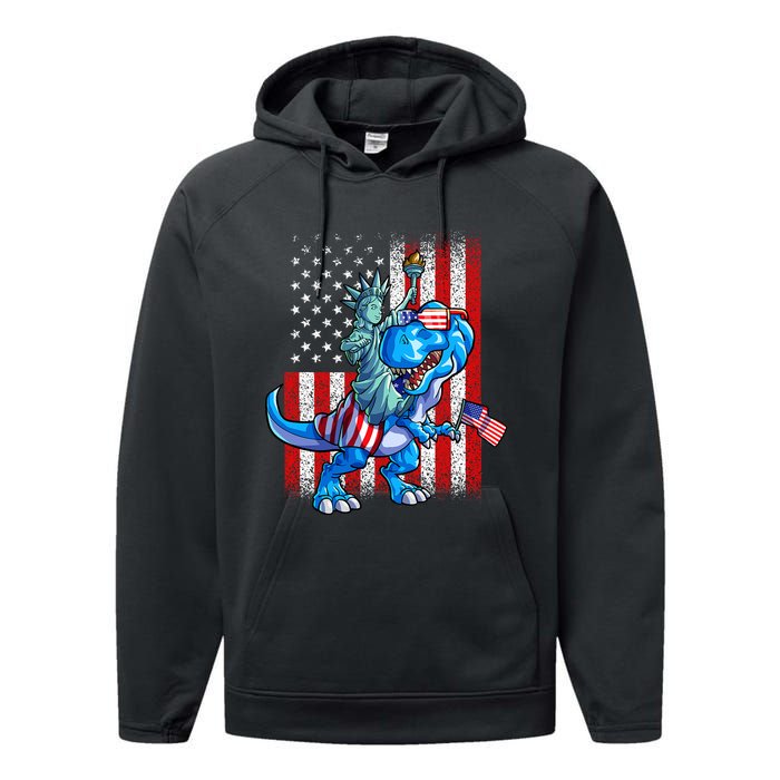 Dino Statue Of Liberty 4th Of July American Flag Performance Fleece Hoodie