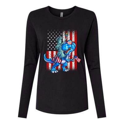 Dino Statue Of Liberty 4th Of July American Flag Womens Cotton Relaxed Long Sleeve T-Shirt