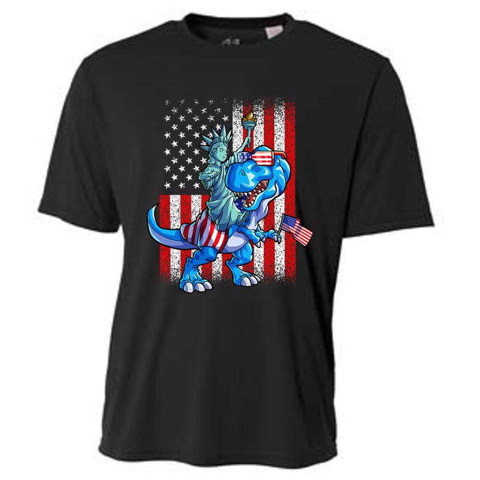 Dino Statue Of Liberty 4th Of July American Flag Cooling Performance Crew T-Shirt