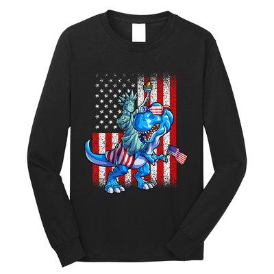 Dino Statue Of Liberty 4th Of July American Flag Long Sleeve Shirt