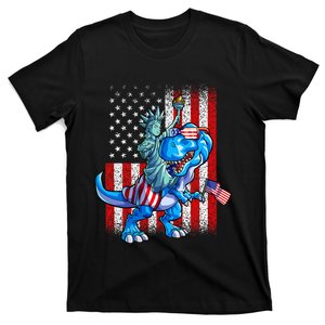 Dino Statue Of Liberty 4th Of July American Flag T-Shirt