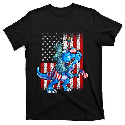 Dino Statue Of Liberty 4th Of July American Flag T-Shirt