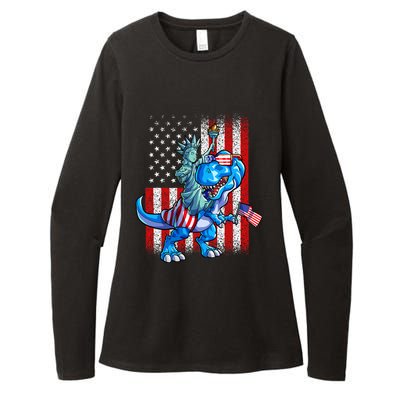 Dino Statue Of Liberty 4th Of July American Flag Womens CVC Long Sleeve Shirt