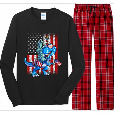 Dino Statue Of Liberty 4th Of July American Flag Long Sleeve Pajama Set