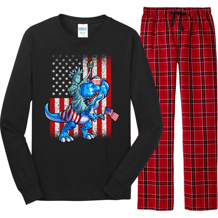 Dino Statue Of Liberty 4th Of July American Flag Long Sleeve Pajama Set