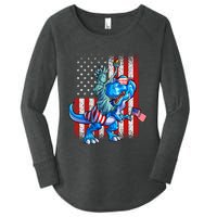 Dino Statue Of Liberty 4th Of July American Flag Women's Perfect Tri Tunic Long Sleeve Shirt