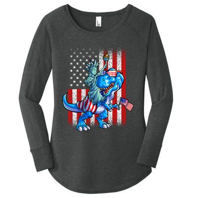 Dino Statue Of Liberty 4th Of July American Flag Women's Perfect Tri Tunic Long Sleeve Shirt