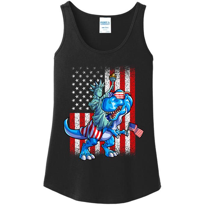 Dino Statue Of Liberty 4th Of July American Flag Ladies Essential Tank