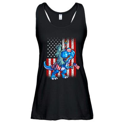 Dino Statue Of Liberty 4th Of July American Flag Ladies Essential Flowy Tank